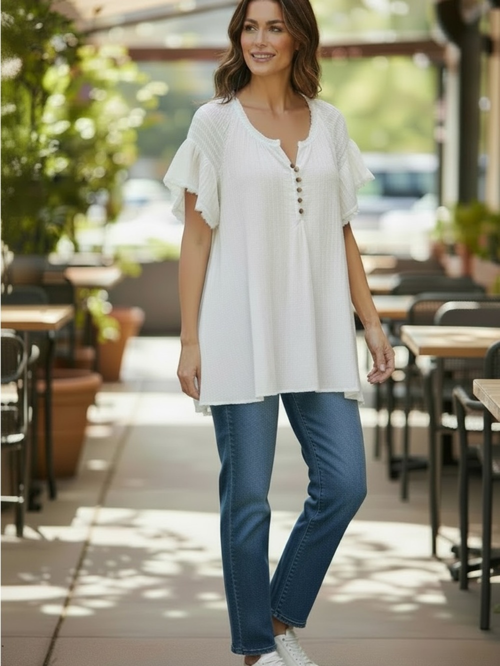 Free People Ivory Short Sleeve Smocked Tunic with Button Placket